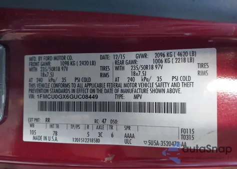 2016 Ford Escape Se из США, поврежденный, VIN 1FMCU0GX6GUC08449